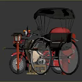 Classic Red Rickshaw Bicycle With Black Canopy Red Seat And Wooden Stool