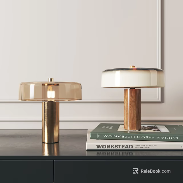 Modern Table Lamps With Golden And Wooden Bases Transparent White Shades On Tabletop With Books 3d model 