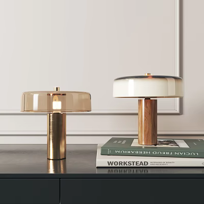 Modern Table Lamps With Golden And Wooden Bases Transparent White Shades On Tabletop With Books 3d model