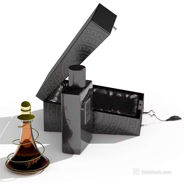 Elegant Black Perfume Bottle With Open Luxury Box And Brown Small Bottle Gold Accents 3d model 
