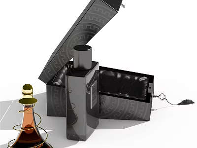 Elegant Black Perfume Bottle With Open Luxury Box And Brown Small Bottle Gold Accents 3d model