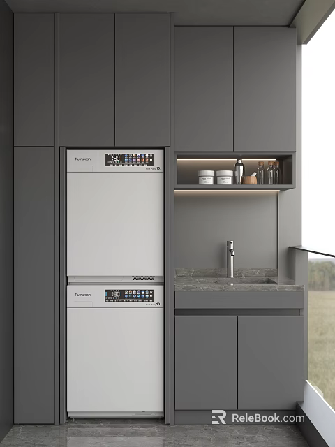 Home Balcony With Dark Gray Cabinets White Dishwashers Marble Countertop And Natural View 3d model 