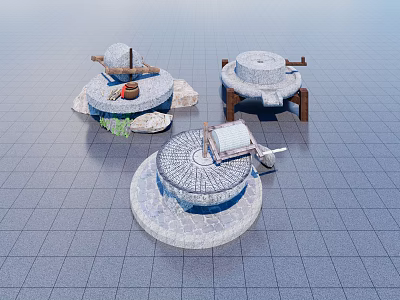 Traditional Stone Mills With Wooden Frames And Grinding Tools On Grid Floor 3d model