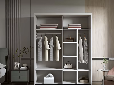 Modern White Wardrobe Interior With Open Compartments Hanging Sections And Storage Shelves 3d model