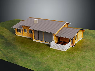 Single Story Wooden House With Gray Roof Chimney And Railed Patio On Green Lawn 3d model