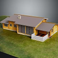 Single Story Wooden House With Gray Roof Chimney And Railed Patio On Green Lawn