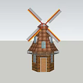 Classic Windmill Building Structure With Brown Roof Wooden Door Windows and Colorful Rotating Blades