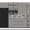 Modern Kitchen Wine Cabinet With Glass Doors Storage Cabinets And Black Refrigerator