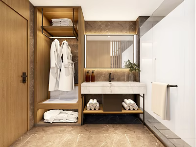 Modern Hotel Bathroom Interior With Wooden Shelves White Bathrobes Folded Towels And Marble Countertop 3d model