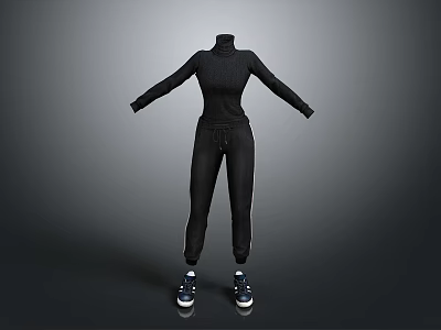 Black Turtleneck Tracksuit Set with Long Pants Drawstring Design and Sneakers 3d model