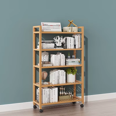 Wooden Multi Tiered Bookcase With Books Decorations And Potted Plant Against Blue Wall 3d model