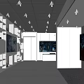 Modern Exhibition Hall Design With White Display Shelves Large Digital Screens And Contemporary Lighting