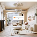 Elegant Living Room Interior Featuring Cream Sofa Ornate Chandelier Herringbone Flooring And Geometric Rug