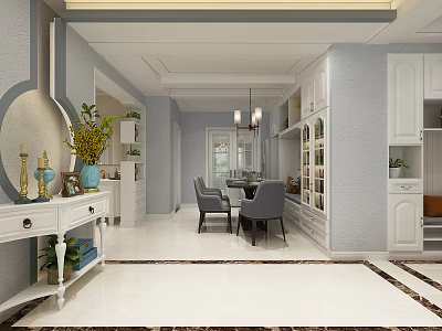 Modern Restaurant Interior With White Cabinets Gray Walls Chandelier Dining Table And Decorative Plants 3d model