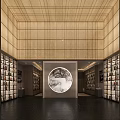 Luxury Tobacco And Alcohol Store Interior With Wooden Walls Circular Artwork Shelves On Both Sides