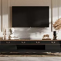 Elegant Black Brown TV Stand with Drawers Candles Statue and Pampas Grass on White Wall