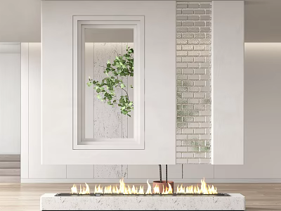 Modern Room Partition With White Frame Brick Wall Green Plant And Fireplace Flames 3d model