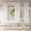 Modern Room Partition With White Frame Brick Wall Green Plant And Fireplace Flames