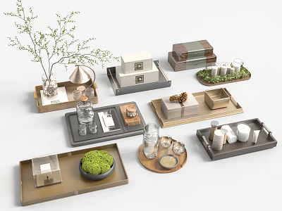 Stylish Decorative Ornament Sets With Trays Green Plants And Mini House Models For Home Decor 3d model