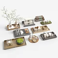 Stylish Decorative Ornament Sets With Trays Green Plants And Mini House Models For Home Decor