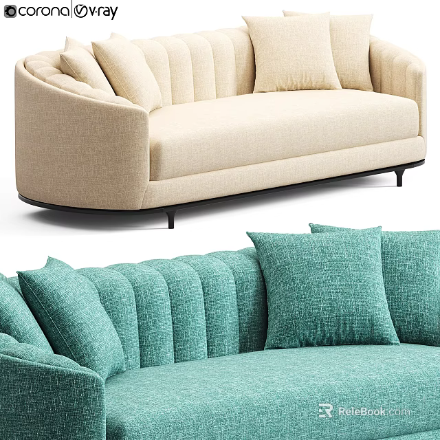 Modern Beige And Teal Sectional Sofa With Curved Armrests Tufted Back And Cushions 3d model 
