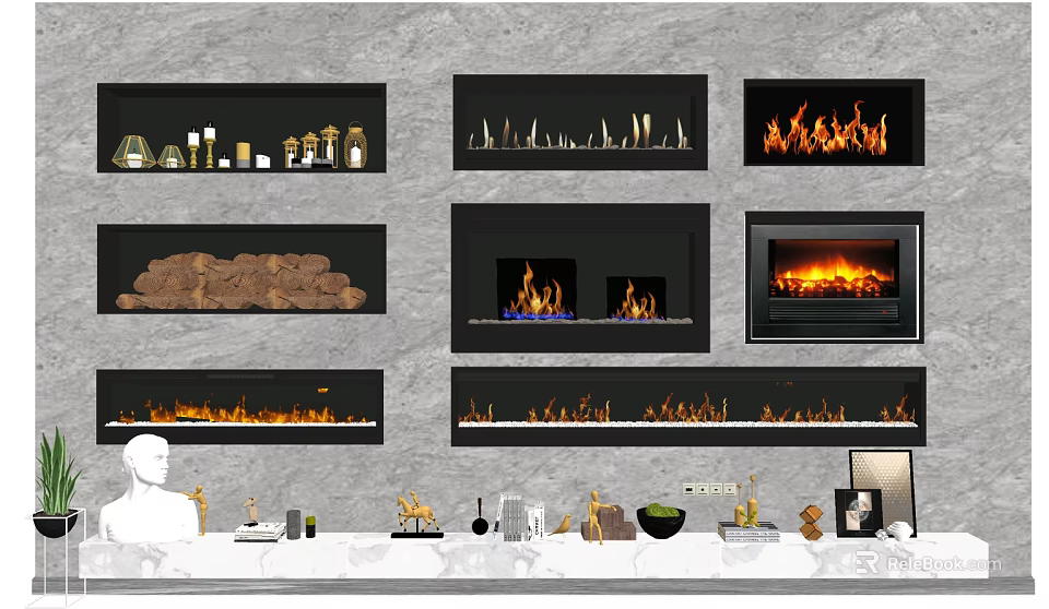 Various Modern Fireplace Designs With Decorative Flames Wood Logs And Interior Decor 3d model 