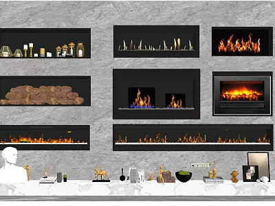 Various Modern Fireplace Designs With Decorative Flames Wood Logs And Interior Decor 3d model