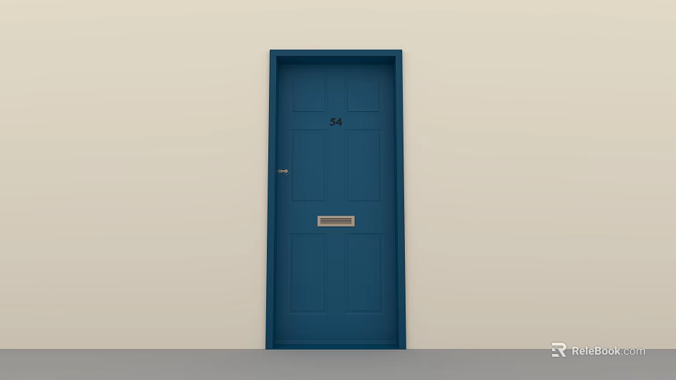 Blue Hinged Door With Number 54 And Mailbox On Light Colored Wall 3d model