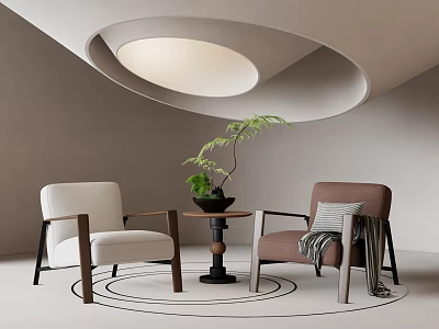 Comfortable White And Brown Leisure Chairs With Small Round Table Green Plant Curved Ceiling 3d model