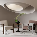 Comfortable White And Brown Leisure Chairs With Small Round Table Green Plant Curved Ceiling