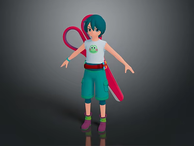 Game Movie Character With Teal Hair White T Shirt Red Belt And Large Red Scissors 3d model