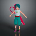Game Movie Character With Teal Hair White T Shirt Red Belt And Large Red Scissors