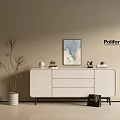 Modern White Entryway Console Table With Decorations Potted Plant And Wall Art 3d model