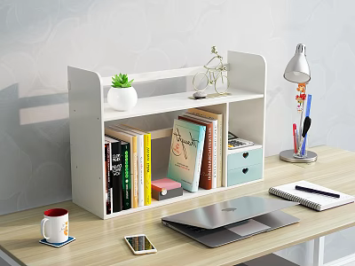 Modern White Storage Shelf with Books Potted Plant and Drawers on Desk 3d model