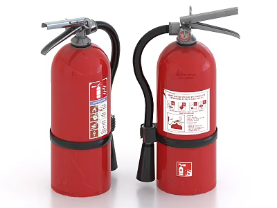 Two Red Fire Extinguishers As Fire Safety Equipment With Labels And Black Nozzles 3d model