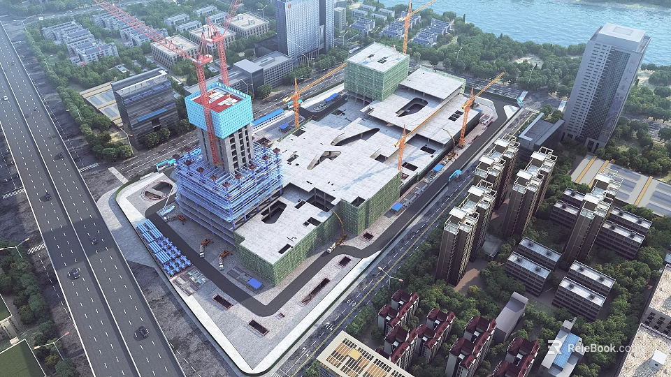Aerial View of Large Construction Site With Cranes Tall Buildings Under Construction And Urban Area 3d model 