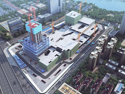 Aerial View of Large Construction Site With Cranes Tall Buildings Under Construction And Urban Area 3d model