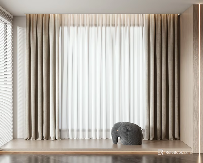 Modern Gray Curtains With White Sheer Panels On Wooden Window Sill With Elephant Decor 3d model 