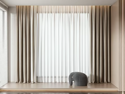 Modern Gray Curtains With White Sheer Panels On Wooden Window Sill With Elephant Decor 3d model