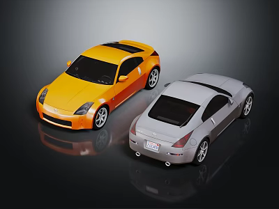 Yellow And Silver Sports Coupe Cars Displayed On Dark Reflective Surface 3d model
