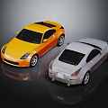 Yellow And Silver Sports Coupe Cars Displayed On Dark Reflective Surface