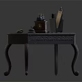 Vintage Wooden Table With Carved Legs Antique Telephone And Decorative Items