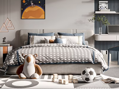 Cozy Kids Bed With Striped Quilt Pillows Stuffed Bear Soccer Ball And Wall Art 3d model