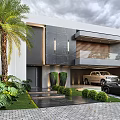 Modern Detached Villa Exterior Design With Palm Tree Garage Parked Car And Landscaping