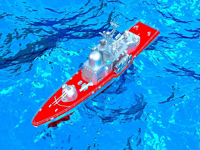 Red Water Vessel With Upper Structure And Antennas Sailing On Blue Water 3d model