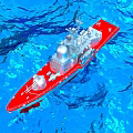Red Water Vessel With Upper Structure And Antennas Sailing On Blue Water