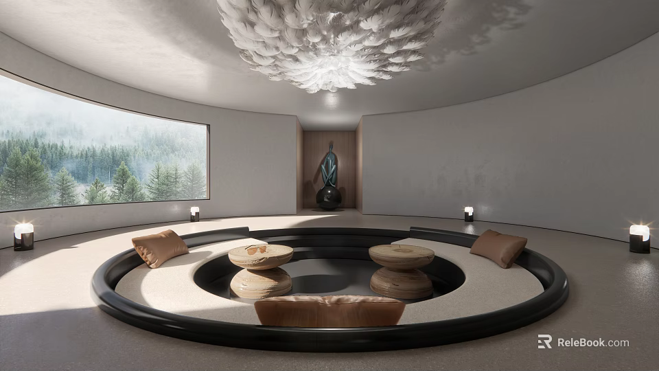 Modern Living Room With Circular Seating Wooden Coffee Tables Feather Chandelier And Window Forest View 3d model 