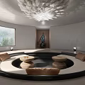 Modern Living Room With Circular Seating Wooden Coffee Tables Feather Chandelier And Window Forest View