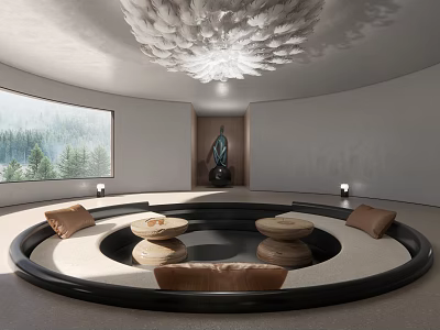 Modern Living Room With Circular Seating Wooden Coffee Tables Feather Chandelier And Window Forest View 3d model