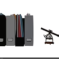 Black And White Folders With Colorful Labels And Small Telescope Decor On White Background